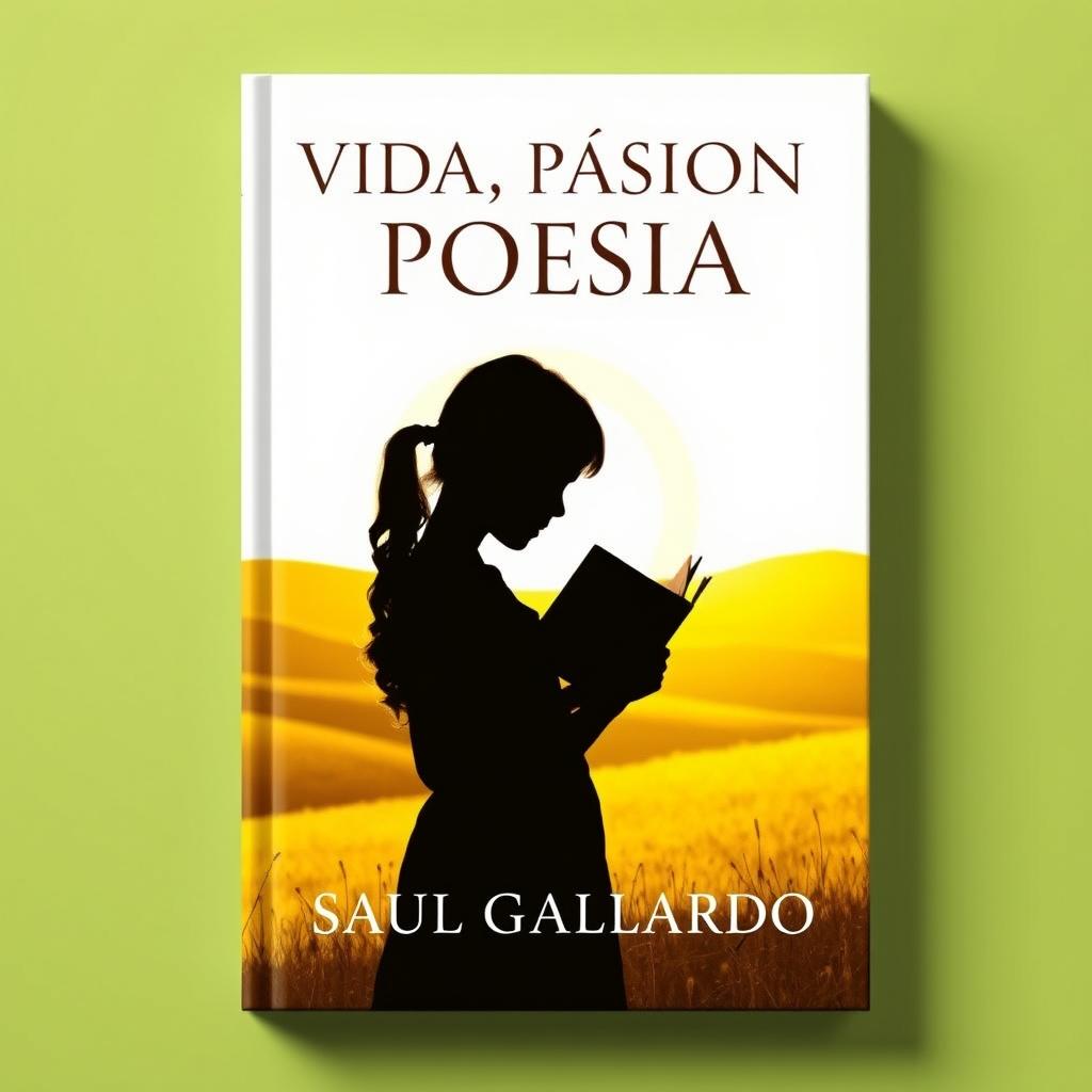 A book cover design for a poetry collection featuring the silhouette of a girl holding a book, set against a bright sunny yellow landscape