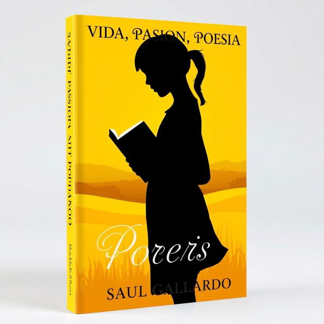 A book cover design for a poetry collection featuring the silhouette of a girl holding a book, set against a bright sunny yellow landscape