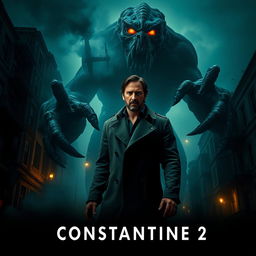 A chilling scene from 'CONSTANTINE 2', showcasing Keanu Reeves as he faces a terrifying, bloodthirsty giant monster