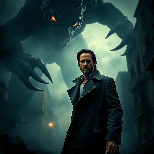 A chilling scene from 'CONSTANTINE 2', showcasing Keanu Reeves as he faces a terrifying, bloodthirsty giant monster