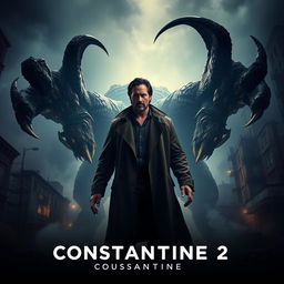 A chilling scene from 'CONSTANTINE 2', showcasing Keanu Reeves as he faces a terrifying, bloodthirsty giant monster