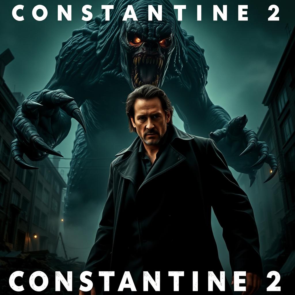 A chilling scene from 'CONSTANTINE 2', showcasing Keanu Reeves as he faces a terrifying, bloodthirsty giant monster