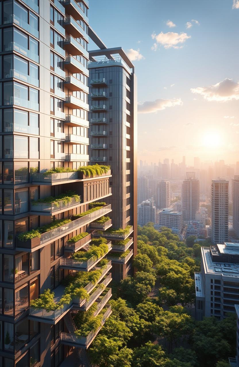 A detailed architectural rendering of the Highrise project designed by Mivan Technology, showcasing sleek and modern building features with a focus on sustainability