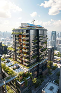 A detailed architectural rendering of the Highrise project designed by Mivan Technology, showcasing sleek and modern building features with a focus on sustainability