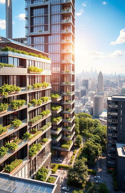 A detailed architectural rendering of the Highrise project designed by Mivan Technology, showcasing sleek and modern building features with a focus on sustainability