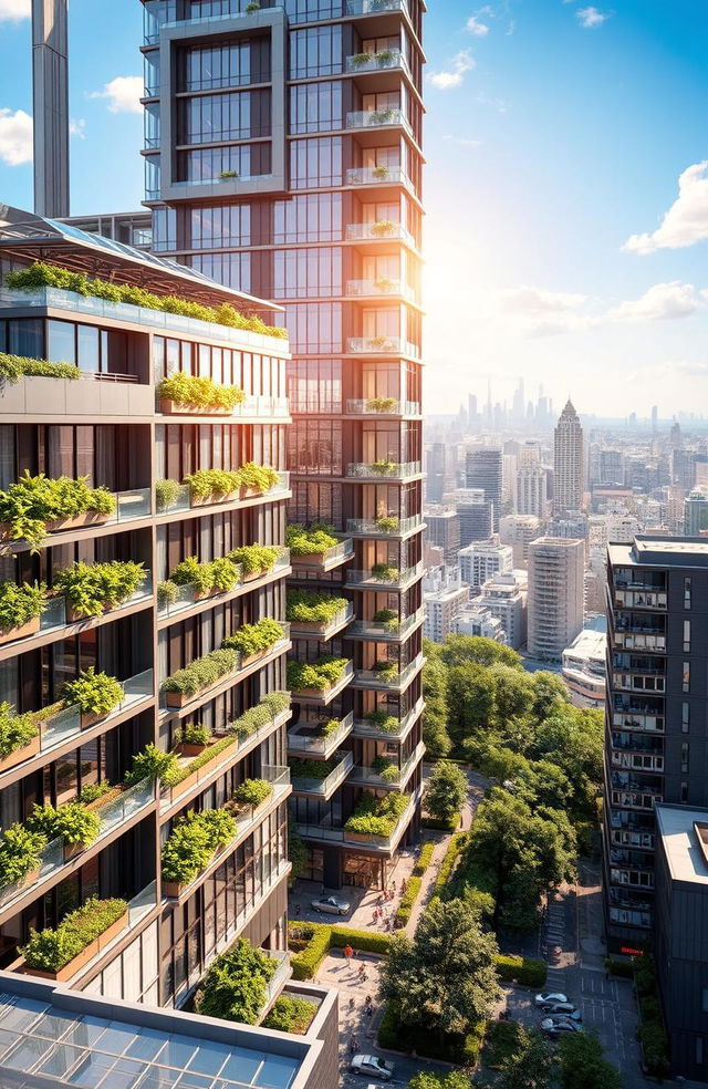 A detailed architectural rendering of the Highrise project designed by Mivan Technology, showcasing sleek and modern building features with a focus on sustainability