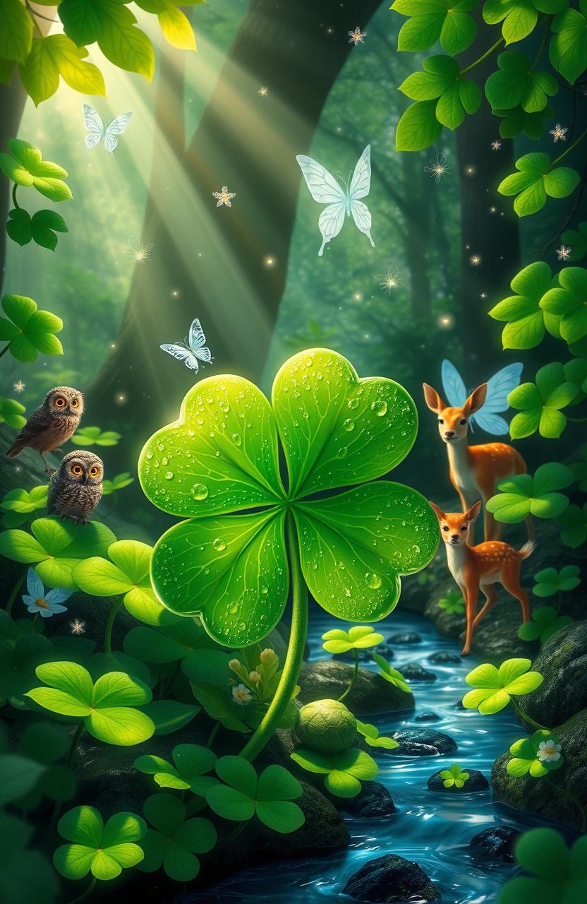 A fantastical four-leaf clover surrounded by a magical forest glade, with beams of sunlight filtering through the lush green leaves, twinkling fairies fluttering around, and a serene brook flowing nearby, creating a calming atmosphere of luck and positivity