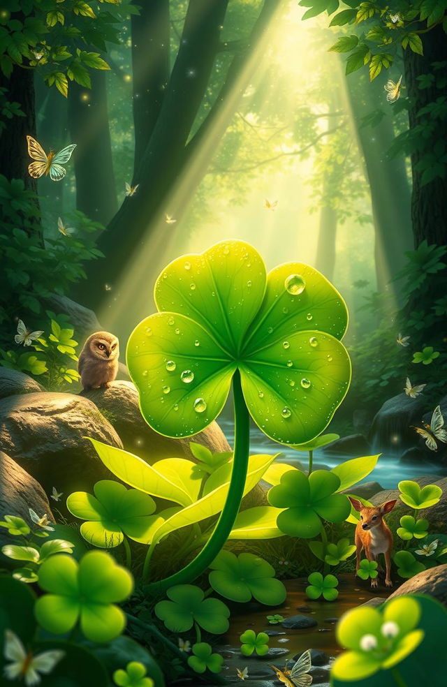 A fantastical four-leaf clover surrounded by a magical forest glade, with beams of sunlight filtering through the lush green leaves, twinkling fairies fluttering around, and a serene brook flowing nearby, creating a calming atmosphere of luck and positivity