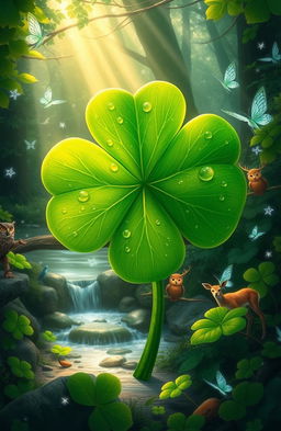 A fantastical four-leaf clover surrounded by a magical forest glade, with beams of sunlight filtering through the lush green leaves, twinkling fairies fluttering around, and a serene brook flowing nearby, creating a calming atmosphere of luck and positivity