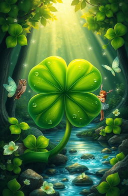 A fantastical four-leaf clover surrounded by a magical forest glade, with beams of sunlight filtering through the lush green leaves, twinkling fairies fluttering around, and a serene brook flowing nearby, creating a calming atmosphere of luck and positivity