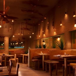 A restaurant in a traditional Indian Dhaba style featuring a large fish tank. The space is filled with rustic furnishings, clay pots, and warm lantern lights.