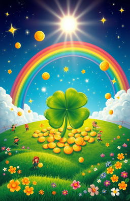 A vibrant, surreal landscape symbolizing luck, featuring a giant four-leaf clover at the center surrounded by sparkling golden coins, colorful rainbows arching across a clear blue sky, and playful leprechauns dancing around