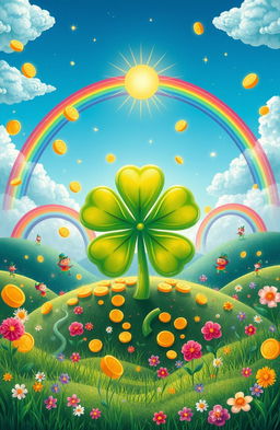 A vibrant, surreal landscape symbolizing luck, featuring a giant four-leaf clover at the center surrounded by sparkling golden coins, colorful rainbows arching across a clear blue sky, and playful leprechauns dancing around