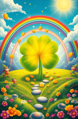 A vibrant, surreal landscape symbolizing luck, featuring a giant four-leaf clover at the center surrounded by sparkling golden coins, colorful rainbows arching across a clear blue sky, and playful leprechauns dancing around