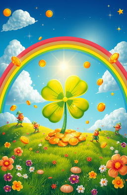 A vibrant, surreal landscape symbolizing luck, featuring a giant four-leaf clover at the center surrounded by sparkling golden coins, colorful rainbows arching across a clear blue sky, and playful leprechauns dancing around