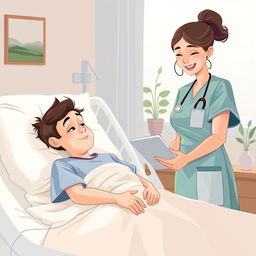 Um paciente internado em uma cama de hospital com um olhar relaxado, cercado por equipamentos médicos