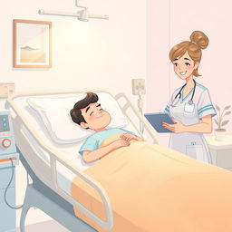 Um paciente internado em uma cama de hospital com um olhar relaxado, cercado por equipamentos médicos