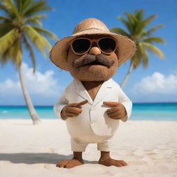 A personified coconut depicted as a fatherly figure with sunglasses, a sophisticated outfit, and a classy cigar in mouth, set against a relaxing tropical beach background