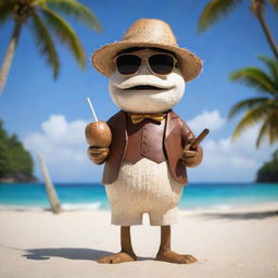 A personified coconut depicted as a fatherly figure with sunglasses, a sophisticated outfit, and a classy cigar in mouth, set against a relaxing tropical beach background