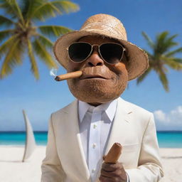 A personified coconut depicted as a fatherly figure with sunglasses, a sophisticated outfit, and a classy cigar in mouth, set against a relaxing tropical beach background