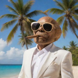 A personified coconut depicted as a fatherly figure with sunglasses, a sophisticated outfit, and a classy cigar in mouth, set against a relaxing tropical beach background