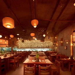 A restaurant in a traditional Indian Dhaba style featuring a large fish tank. The space is filled with rustic furnishings, clay pots, and warm lantern lights.