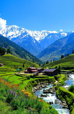 A scenic landscape of Himachal Pradesh, showcasing the dazzling snow-capped peaks of the Himalayas, lush green valleys, and colorful wildflowers