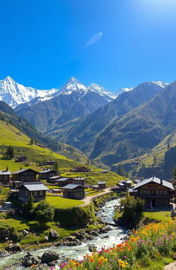 A scenic landscape of Himachal Pradesh, showcasing the dazzling snow-capped peaks of the Himalayas, lush green valleys, and colorful wildflowers