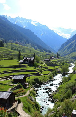 A scenic landscape of Himachal Pradesh, showcasing the dazzling snow-capped peaks of the Himalayas, lush green valleys, and colorful wildflowers
