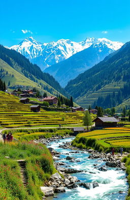 A scenic landscape of Himachal Pradesh, showcasing the dazzling snow-capped peaks of the Himalayas, lush green valleys, and colorful wildflowers