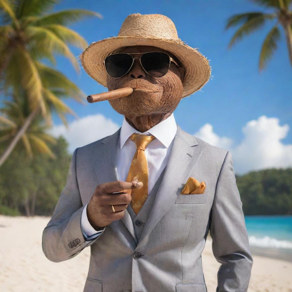 A classy coconut character personified as a gentleman father, adorned with a cigar in its mouth