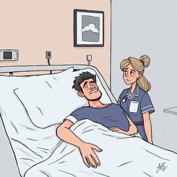 Um paciente internado em uma cama de hospital, com uma expressão triste e olhar distante, cercado por equipamentos médicos