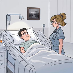 Um paciente internado em uma cama de hospital, com uma expressão triste e olhar distante, cercado por equipamentos médicos