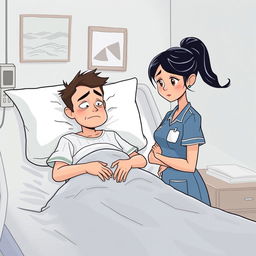 Um paciente internado em uma cama de hospital, com uma expressão triste e olhar distante, cercado por equipamentos médicos