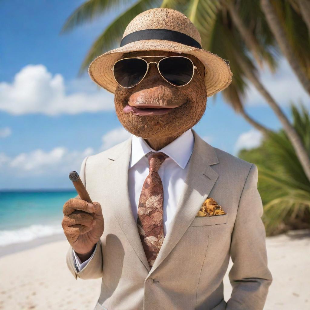 A classy coconut character personified as a gentleman father, adorned with a cigar in its mouth