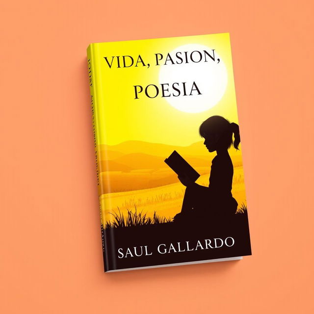 A book cover design for a poetry collection featuring the silhouette of a girl sitting with a book, set against a bright sunny yellow landscape