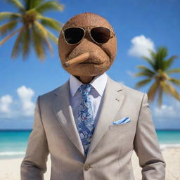 A classy coconut character personified as a gentleman father, adorned with a cigar in its mouth