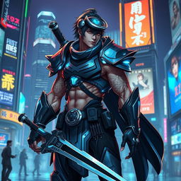 A unique character design of a futuristic warrior, featuring a cybernetic arm, sleek armor with luminous accents, and a visor helmet displaying advanced technology