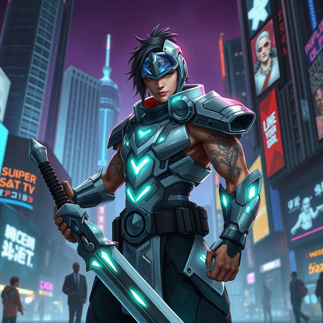 A unique character design of a futuristic warrior, featuring a cybernetic arm, sleek armor with luminous accents, and a visor helmet displaying advanced technology