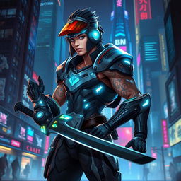 A unique character design of a futuristic warrior, featuring a cybernetic arm, sleek armor with luminous accents, and a visor helmet displaying advanced technology
