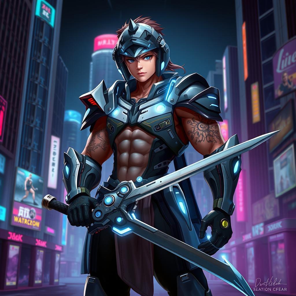 A unique character design of a futuristic warrior, featuring a cybernetic arm, sleek armor with luminous accents, and a visor helmet displaying advanced technology