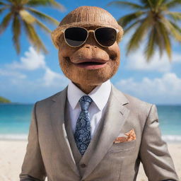 A classy coconut character personified as a gentleman father, adorned with a cigar in its mouth