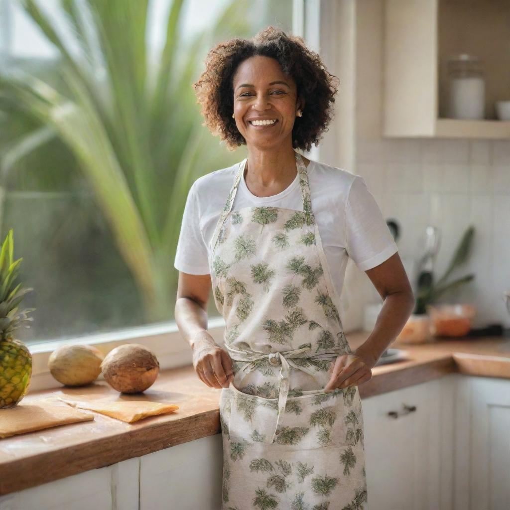 A coconut personified as a motherly figure clad in an apron, happily preparing tropical meals in a sunlit kitchen with palm trees visible through the window