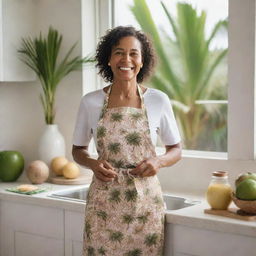 A coconut personified as a motherly figure clad in an apron, happily preparing tropical meals in a sunlit kitchen with palm trees visible through the window