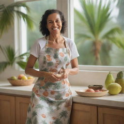 A coconut personified as a motherly figure clad in an apron, happily preparing tropical meals in a sunlit kitchen with palm trees visible through the window