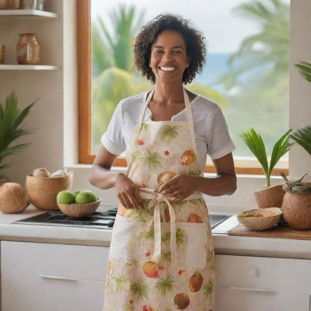 A coconut personified as a motherly figure clad in an apron, happily preparing tropical meals in a sunlit kitchen with palm trees visible through the window