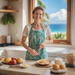 A coconut character personified as a housewife, wearing an apron, busily preparing tropical dishes in a radiant kitchen, with a view of a sunny beach outside the window