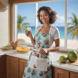 A coconut character personified as a housewife, wearing an apron, busily preparing tropical dishes in a radiant kitchen, with a view of a sunny beach outside the window