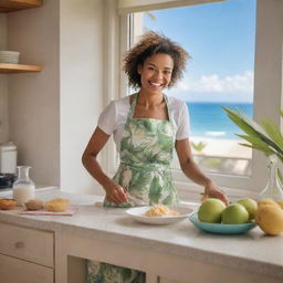 A coconut character personified as a housewife, wearing an apron, busily preparing tropical dishes in a radiant kitchen, with a view of a sunny beach outside the window