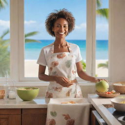 A coconut character personified as a housewife, wearing an apron, busily preparing tropical dishes in a radiant kitchen, with a view of a sunny beach outside the window